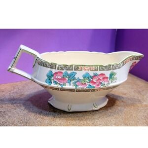 Vintage Myott Staffordshire England Gravy Boat Pink Floral Greek Key Chinoiserie